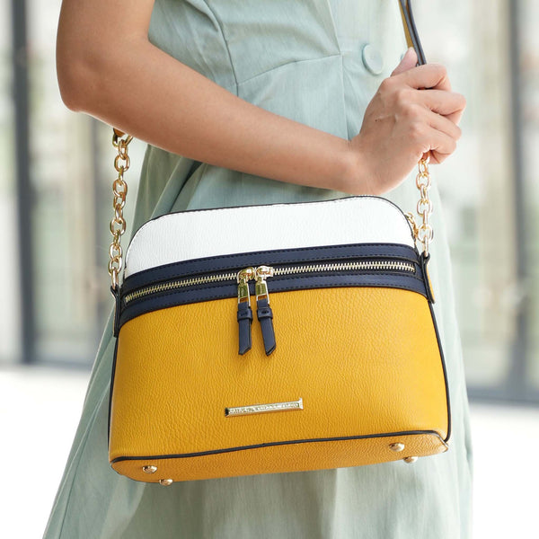 MKF Karelyn Petite-Fit Colorblock Vegan Leather Crossbody with Gold Chain Strap and Dome Silhouette