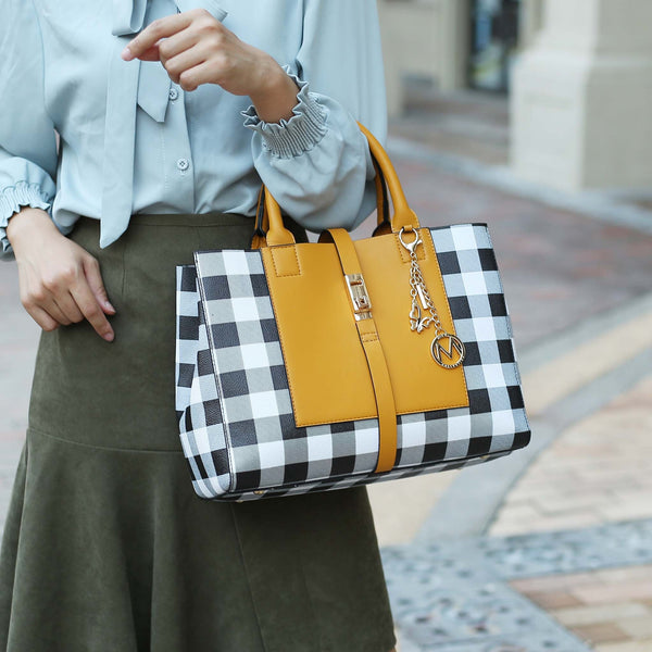 Petite-Fit MKF Yuliana gingham vegan leather tote and matching wallet with gold-tone turn-lock