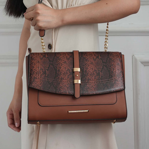 Petite-Fit MKF Melody crossbody with snake-embossed flap and removable gold chain strap
