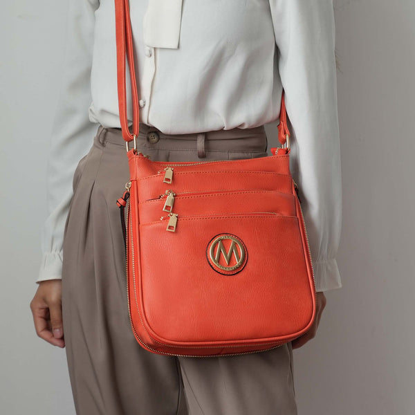 Mia K. Salome Coral Crossbody | Pebbled Vegan Leather, Six Zip Compartments, Gold Medallion