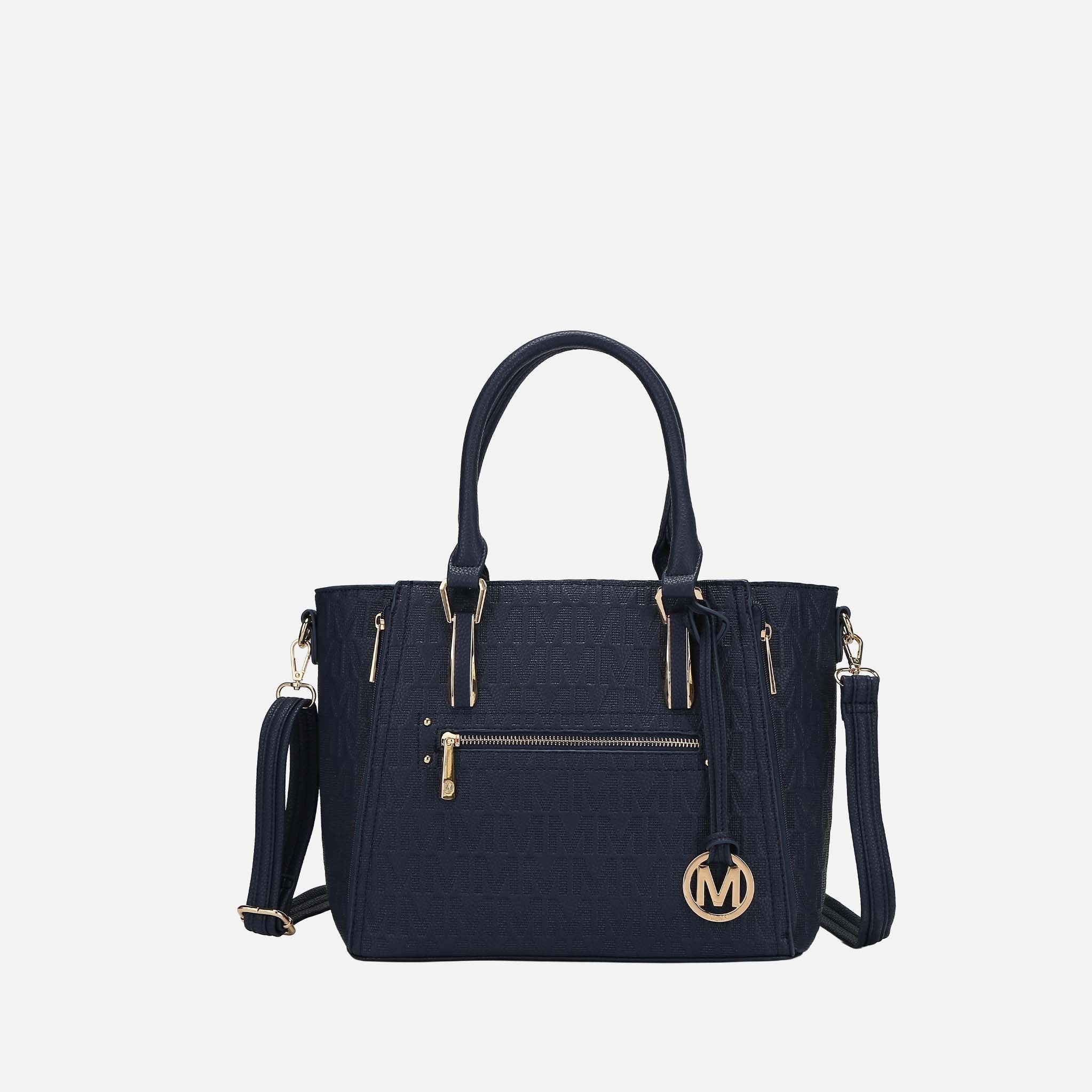 Cairo Structured Vegan Leather Satchel in Navy with Gold Hardware and Rolled Top Handles