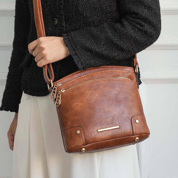 Crimson Red Vegan Leather Crossbody | Five Zip Pockets | Gold-Tone Stud Feet | Distressed Finish