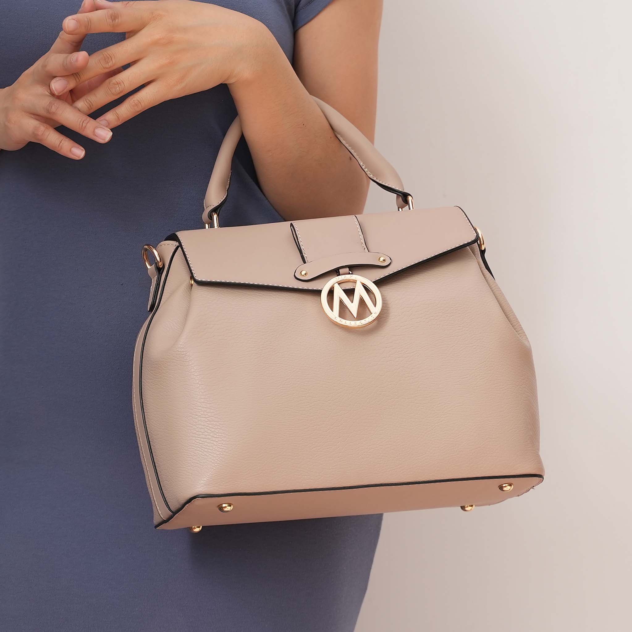Aurora Structured Pebbled Vegan Leather Satchel with Gold Hardware and Flap Closure