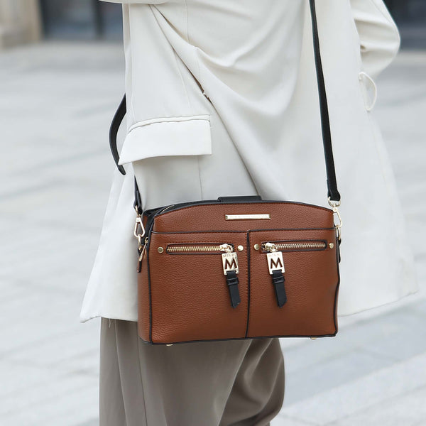 Petite-Fit MKF Zoely Crossbody in pebbled vegan leather with color-block strap and gold-tone hardware