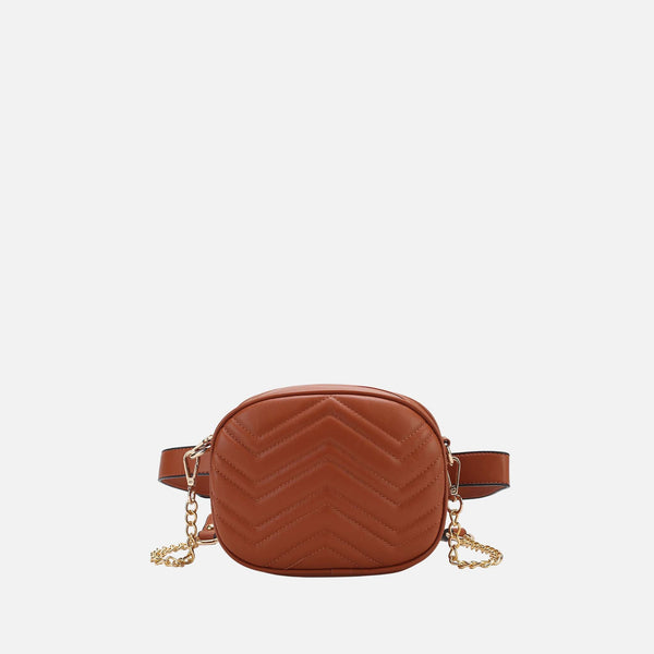 Petite-Fit Shawnie Convertible Belt Bag and Crossbody in Cognac Vegan Leather with Chevron Quilting and Gold Chain Strap
