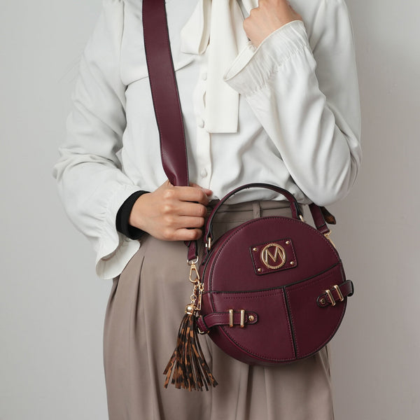Structured Circle Crossbody | Leopard Tassel | Gold M Logo Medallion | Dual Carry