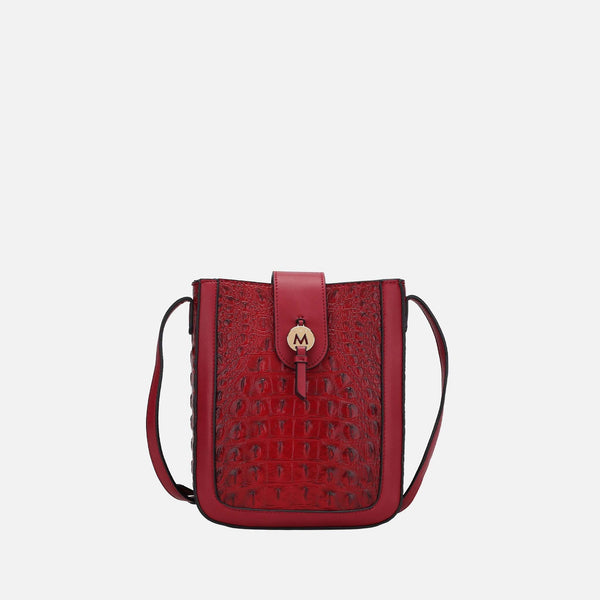 Petite-Fit MKF Molly Crossbody in croc-embossed vegan leather with brushed gold turn-lock closure