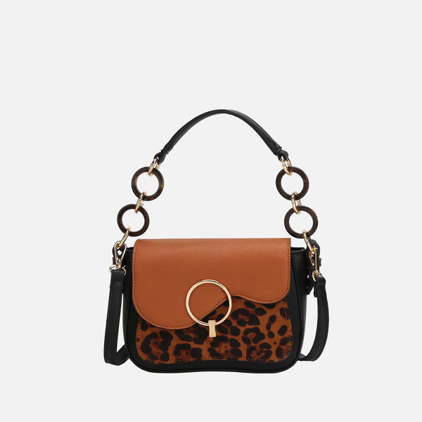 Petite-Fit MKF Serena saddle bag with leopard print panel and tortoiseshell chain handle