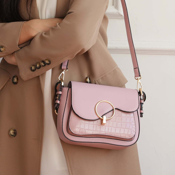Dusty rose crocodile-embossed satchel with gold ring turn-lock and chain-link handle