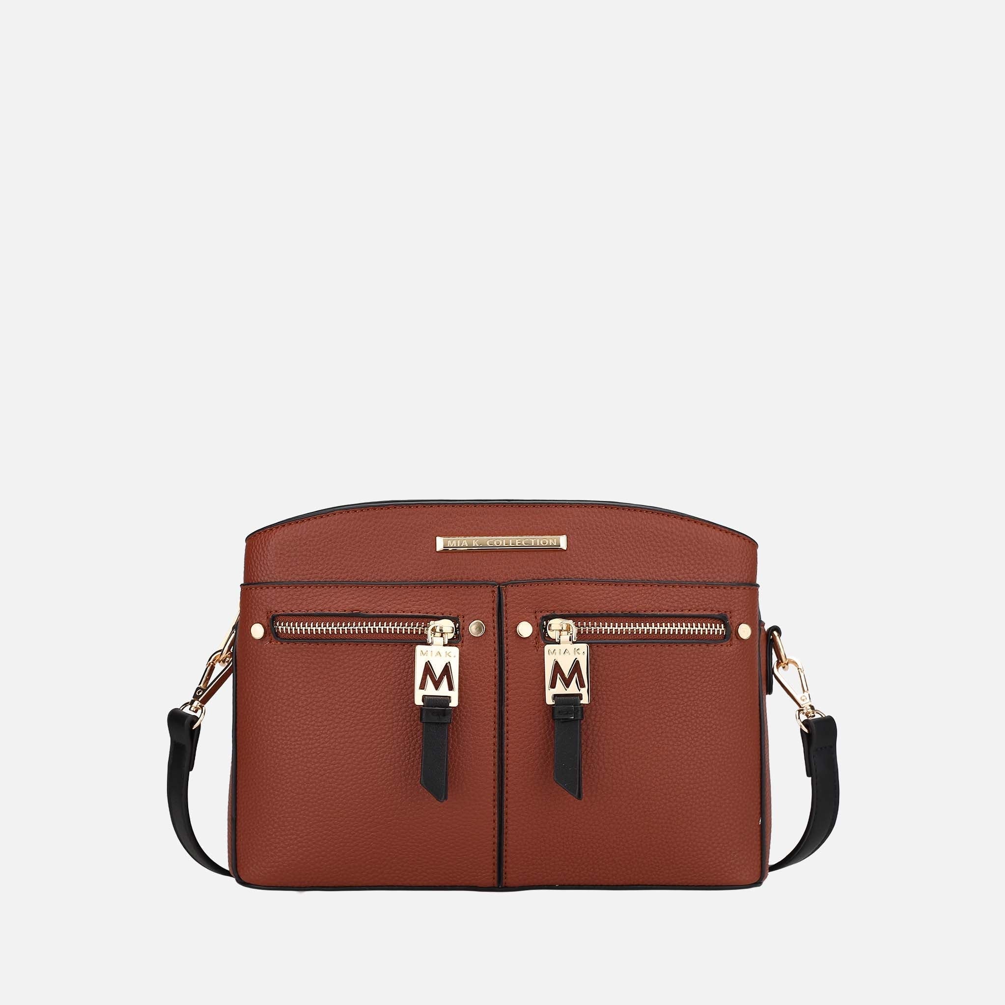 Mia K. Zoely Crossbody in Cognac Brown Pebbled Vegan Leather with Gold Hardware and Color-Block Strap