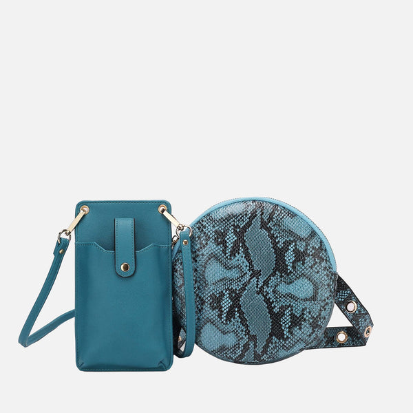 Petite-Fit Hailey Snake-Embossed Circle Crossbody Bag and Matching Phone Case Set in Turquoise Vegan Leather with Gold Hardware