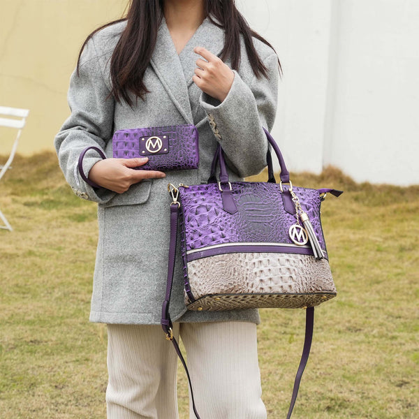 Autumn Tote Bag and Wallet Set | Croc-Embossed Vegan Leather | Gold-Tone Hardware | Matching Wallet