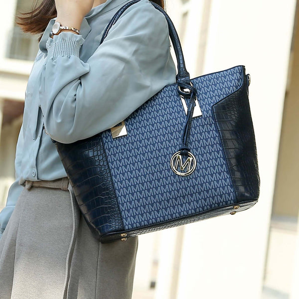 Petite-Fit MKF Shonda tonal monogram tote set with croc-embossed corners and gold-tone hardware
