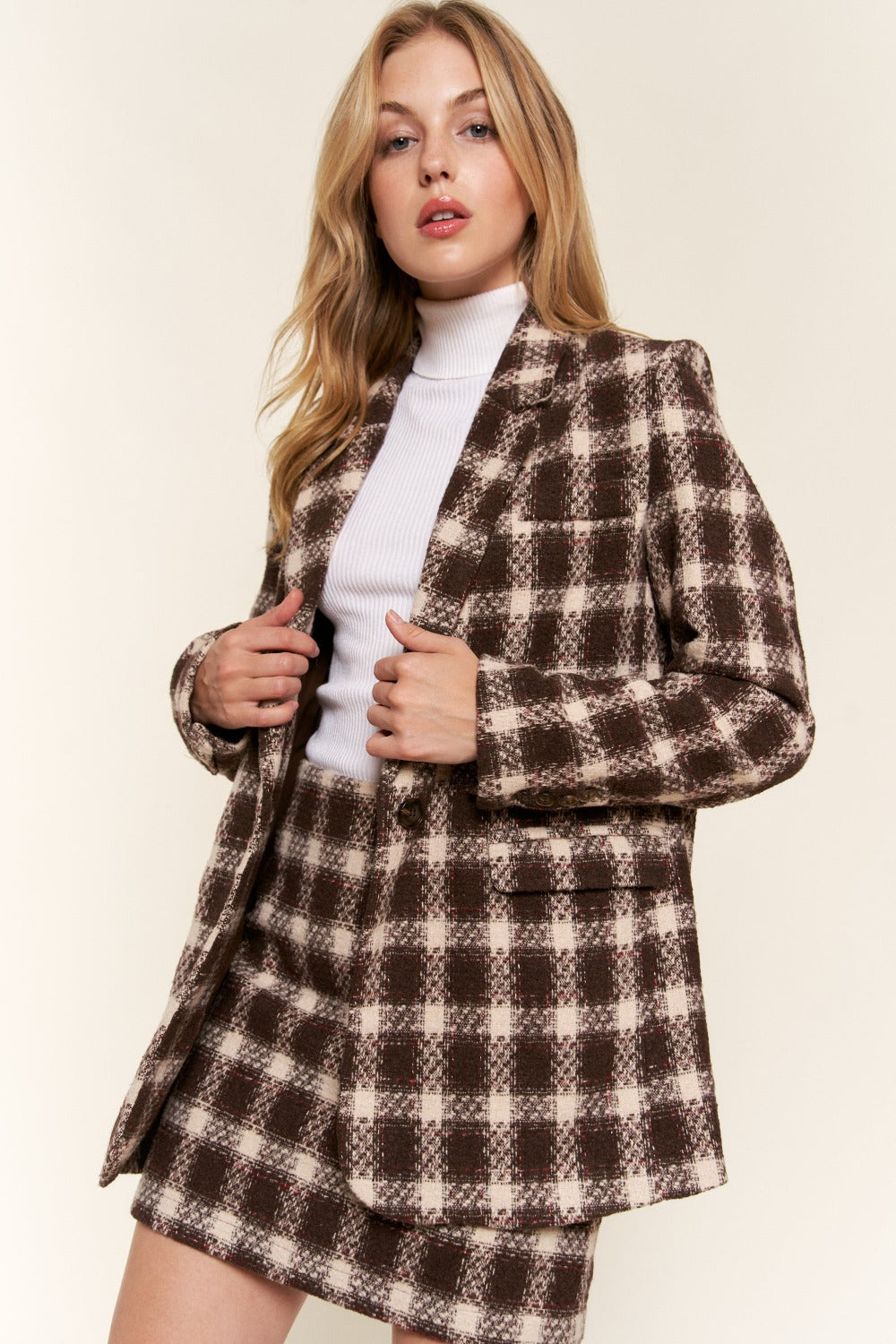 Women's Full Size Plaid Brushed One Button Blazer NewArrival