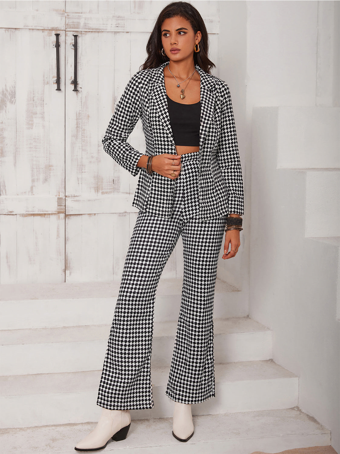 Women's Checkered Blazer & Slit Pants Set Suit Jacket & Trousers