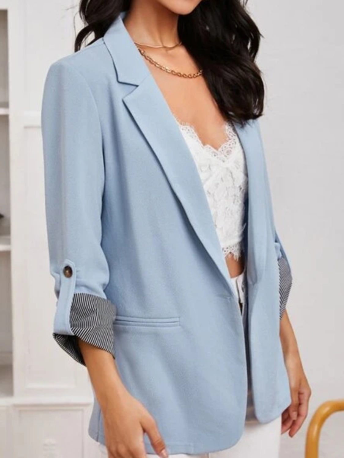 Lapel Collar Roll-Tab Sleeve Blazer Women's Comfortable Polyester-Spandex, S-XL