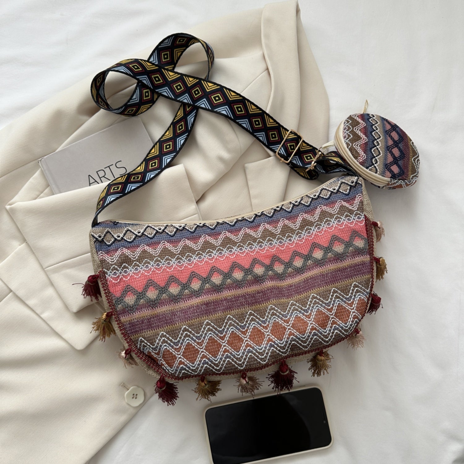 Printed Tassel Detail Crossbody Bag with Small Purse - Effortlessly Chic!