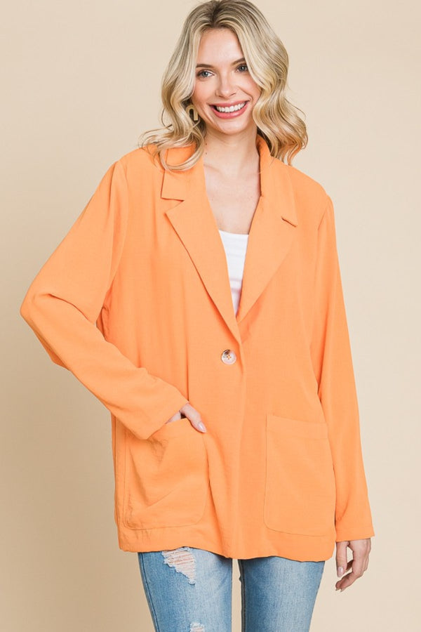 One Button Long Sleeve Blazer with Pockets for Career and Casual Wear