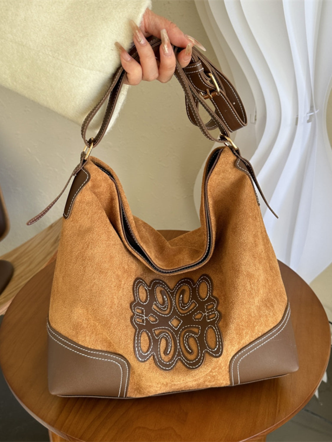 Suede Patch Adjustable Strap Vegan Leather Tote Bag - Comfort for Heavier Carry!