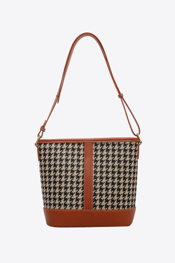 Houndstooth Vegan Leather Shoulder Bag with Compartment and Strap