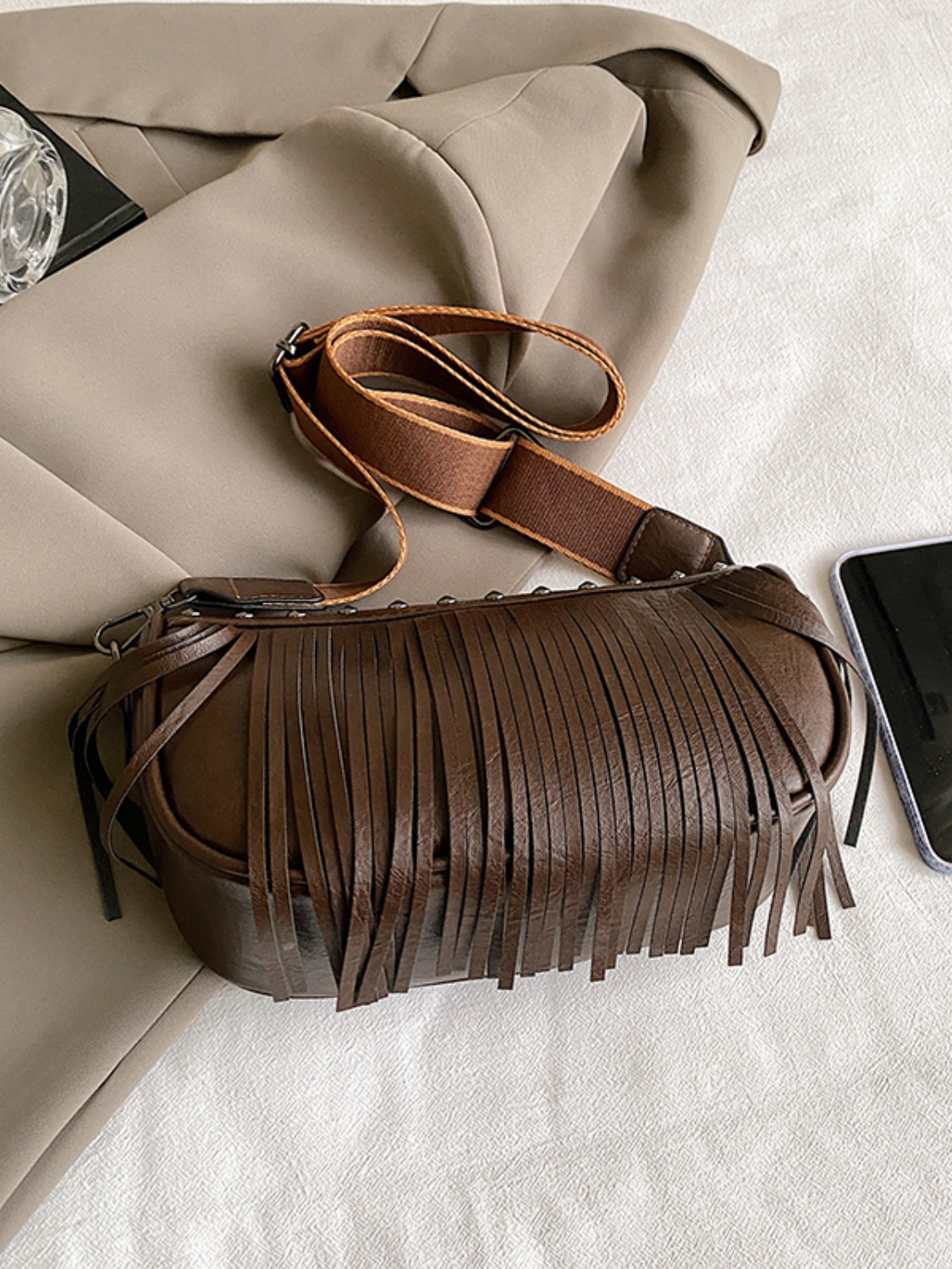 Vegan Leather Fringe Studded Crossbody Bag - Turn heads with this chic bag!