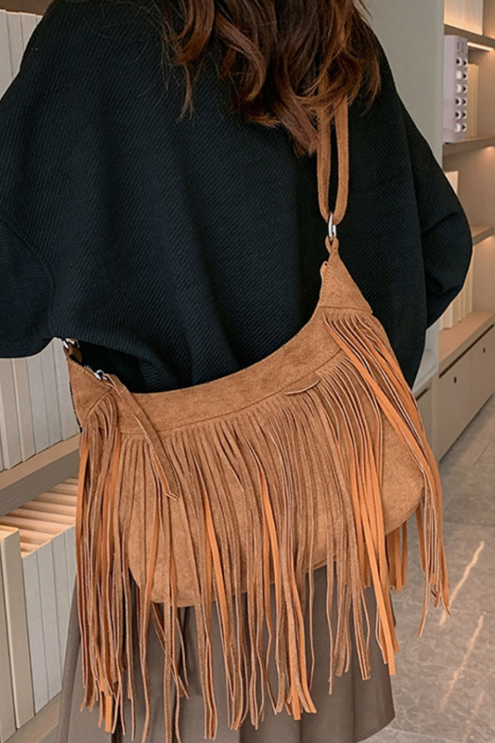 Suede Fringe Adjustable Strap Shoulder Bag - Bohemian Chic Flavor!