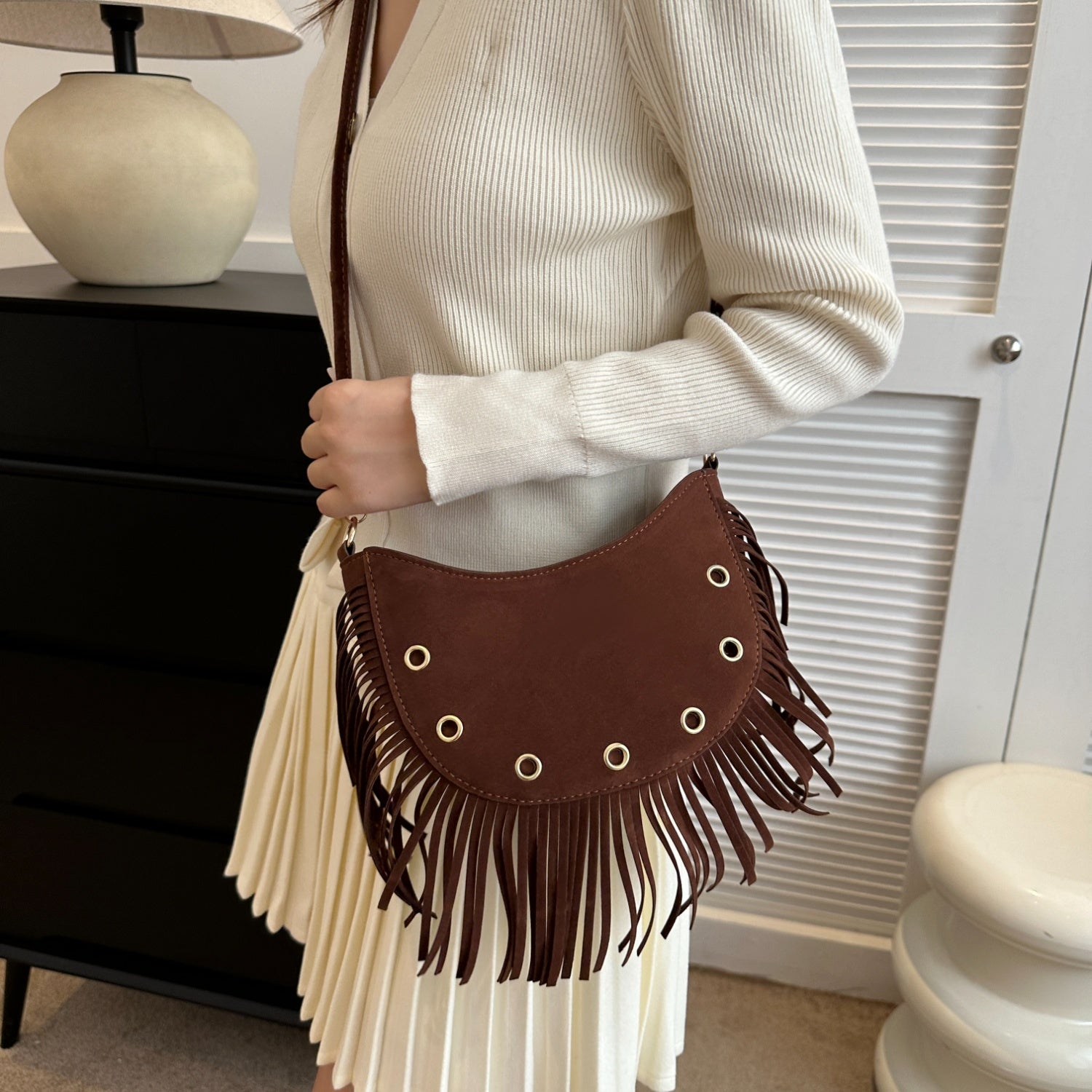 Fringe Detail Suede Leather Crossbody Bag - Add a touch of western flair!