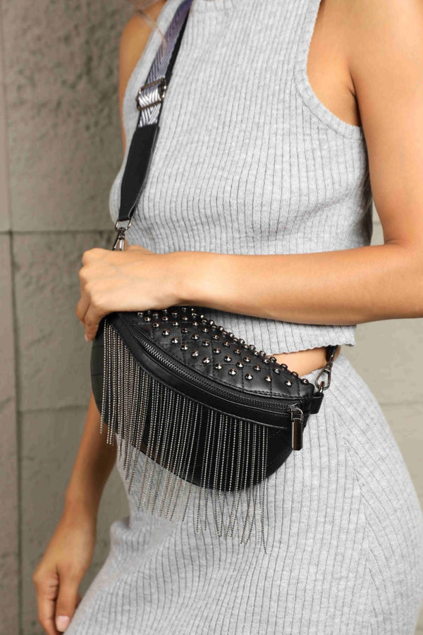 Adored Vegan Leather Studded Sling Bag with Fringes - Edgy Elegance for the Free Spirit!