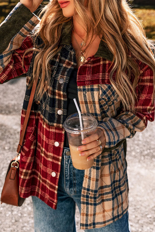 Plaid Polyester Relaxed Fit Button-Up Shirt with Pockets and Long Sleeves