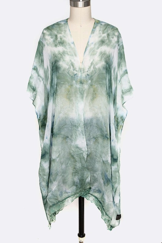Tie Dye Lace Trim Kimono Cardigan
