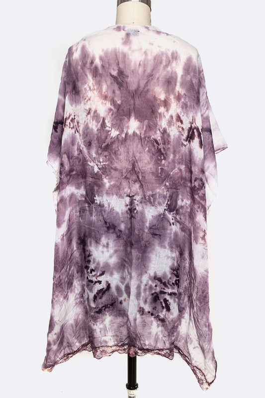 Tie Dye Lace Trim Kimono Cardigan
