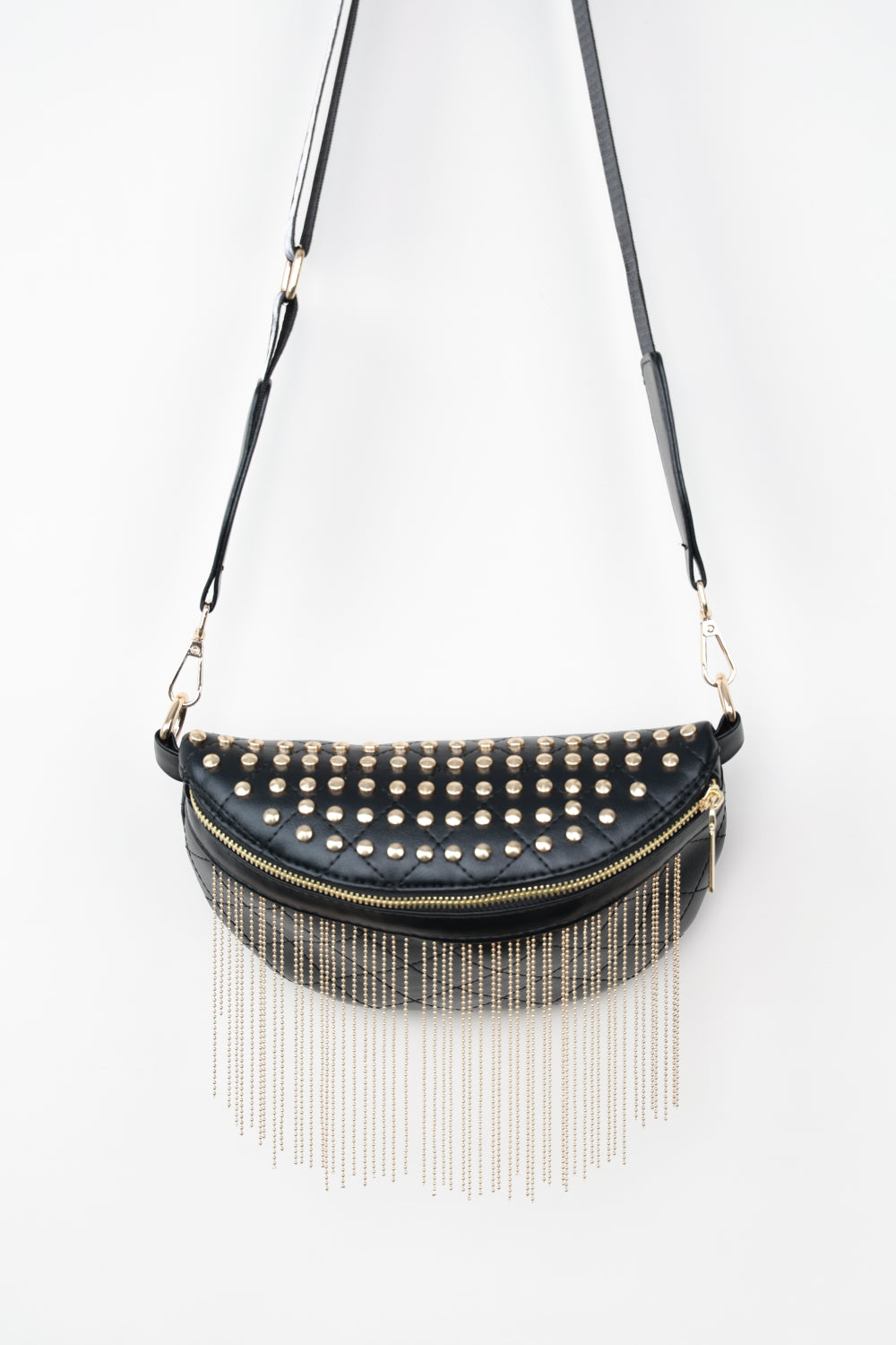 Adored Vegan Leather Studded Sling Bag with Fringes - Edgy Elegance for the Free Spirit!