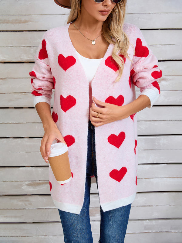 Acrylic Nylon Heart Open Front Cardigan with Long Sleeves