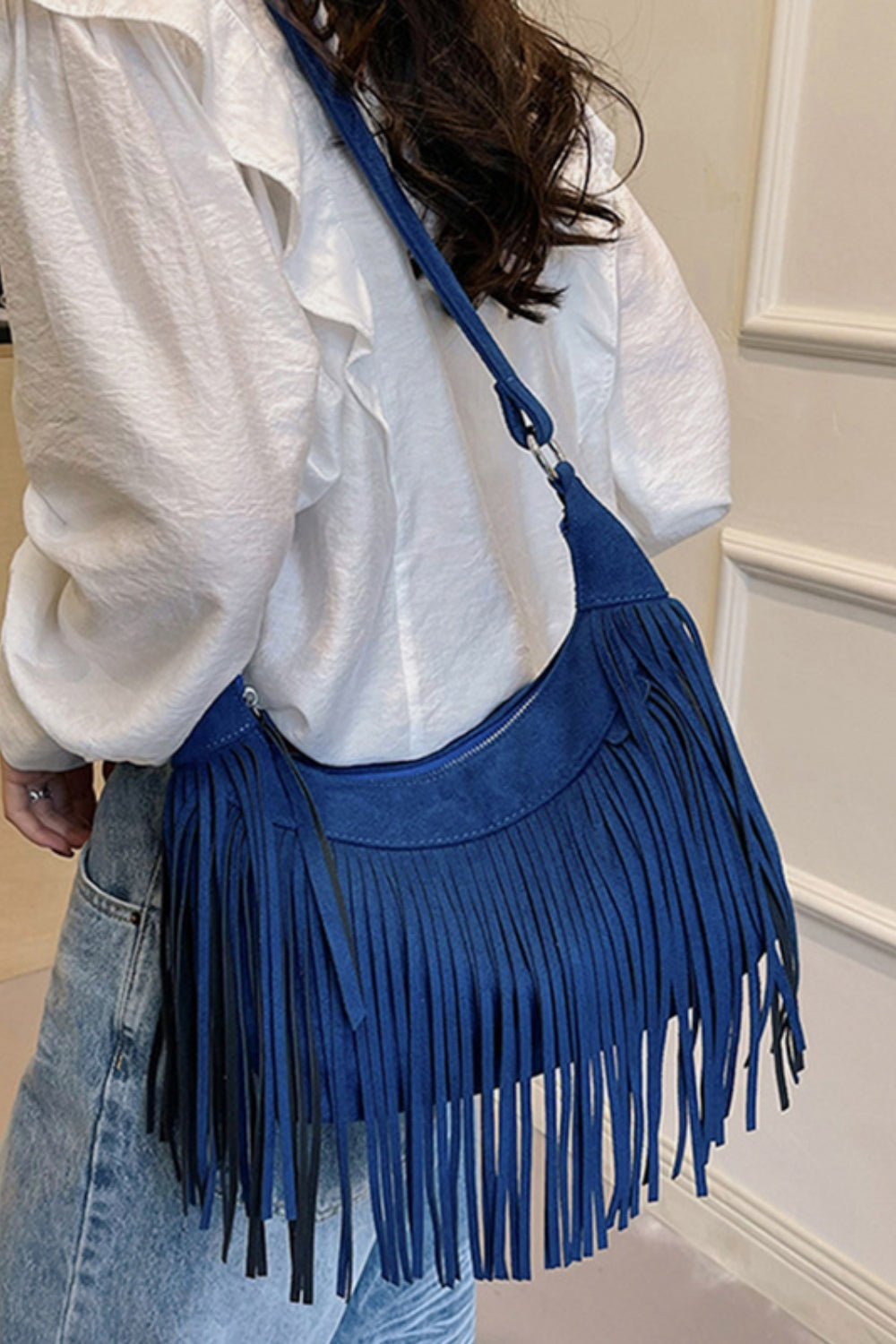 Suede Fringe Adjustable Strap Shoulder Bag - Bohemian Chic Flavor!