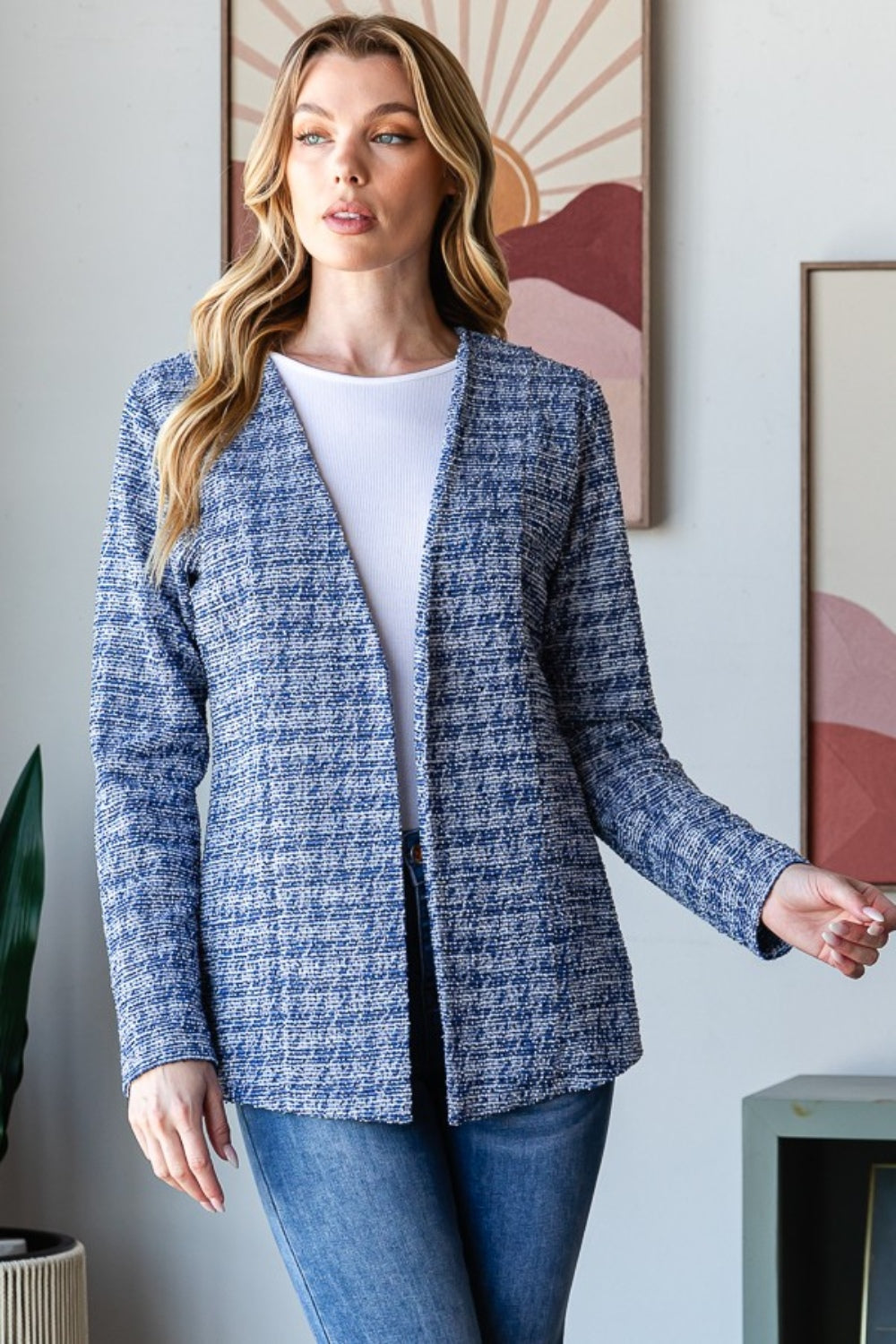 Houndstooth Tweed Open Front Blazer Women's Cardigan Jacket Suit Vest Outwear