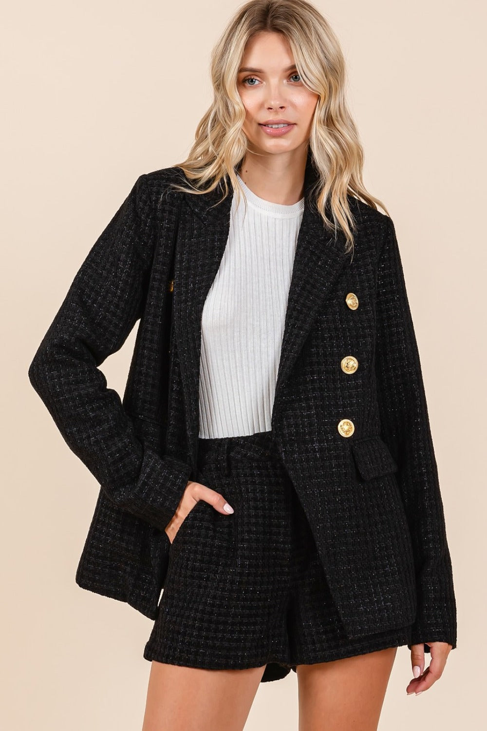 Blazer Jacket Women's Plaid Texture Double-Breasted Long Sleeve Cardigan