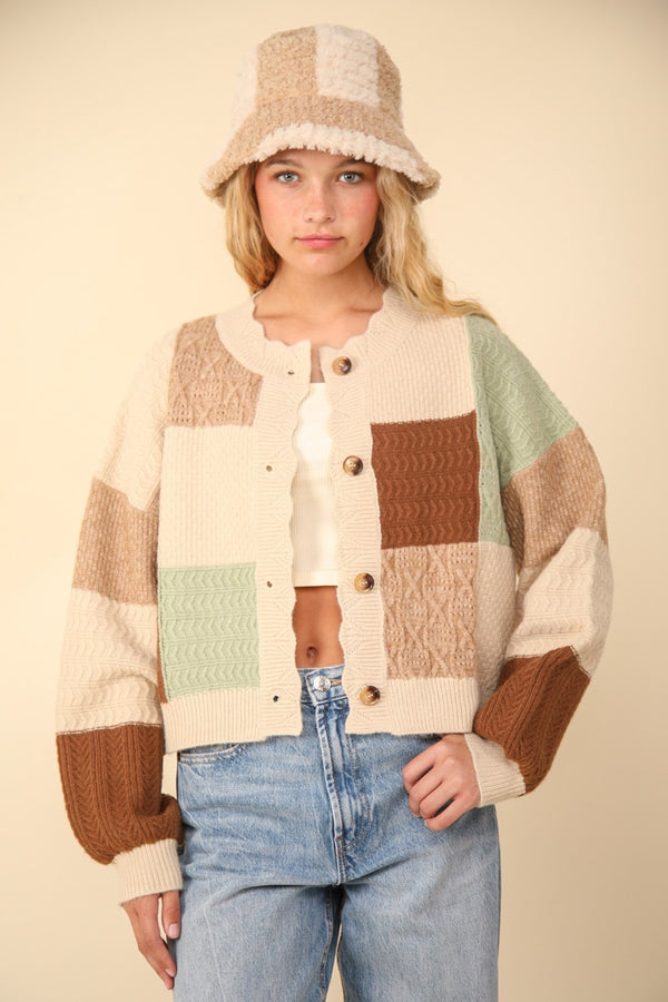 Color Block Button Down Textured Sweater Cardigan Relaxed Fit Long Sleeve