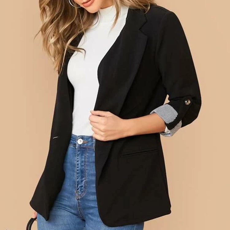 Lapel Collar Roll-Tab Sleeve Blazer Women's Comfortable Polyester-Spandex, S-XL