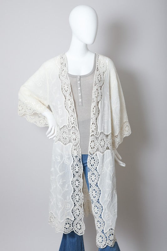 Women's Summer Kimono Cardigan Sweater Cotton Crochet Open Patch Longline Casual 3/4 Sleeve Open Front Design