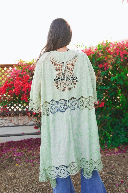 Women's Summer Kimono Cardigan Sweater Cotton Crochet Open Patch Longline Casual 3/4 Sleeve Open Front Design