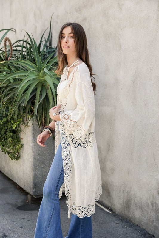 Women's Summer Kimono Cardigan Sweater Cotton Crochet Open Patch Longline Casual 3/4 Sleeve Open Front Design