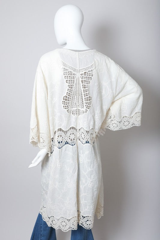 Women's Summer Kimono Cardigan Sweater Cotton Crochet Open Patch Longline Casual 3/4 Sleeve Open Front Design