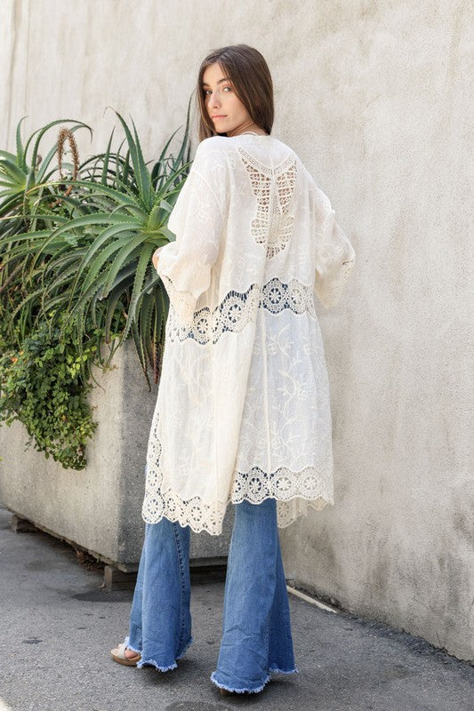 Women's Summer Kimono Cardigan Sweater Cotton Crochet Open Patch Longline Casual 3/4 Sleeve Open Front Design