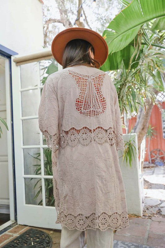 Women's Summer Kimono Cardigan Sweater Cotton Crochet Open Patch Longline Casual 3/4 Sleeve Open Front Design