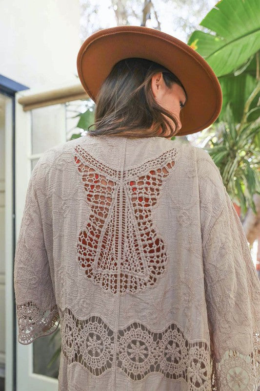 Women's Summer Kimono Cardigan Sweater Cotton Crochet Open Patch Longline Casual 3/4 Sleeve Open Front Design