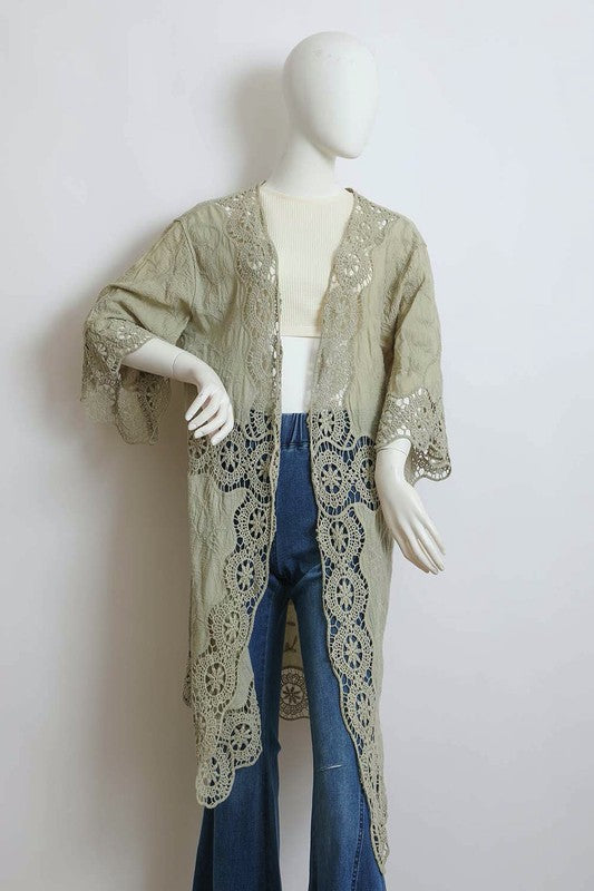 Women's Summer Kimono Cardigan Sweater Cotton Crochet Open Patch Longline Casual 3/4 Sleeve Open Front Design