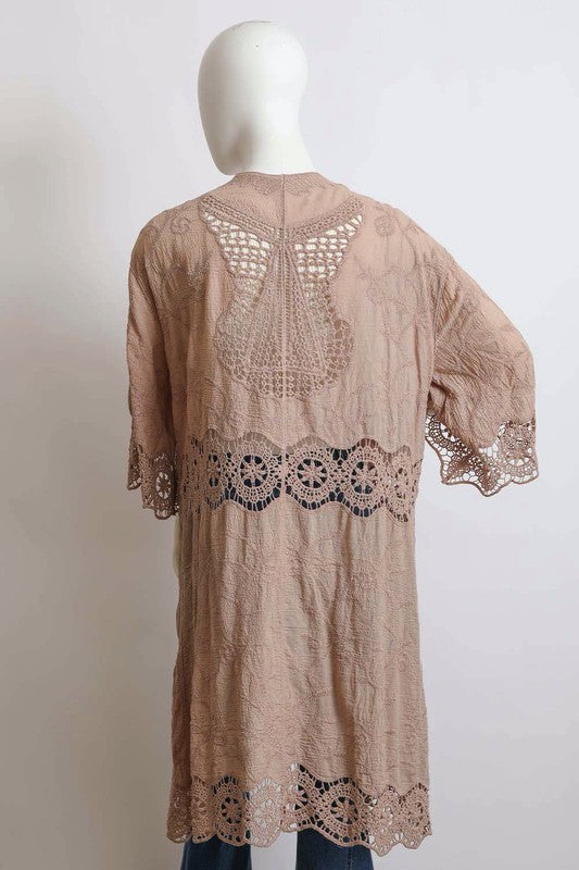 Women's Summer Kimono Cardigan Sweater Cotton Crochet Open Patch Longline Casual 3/4 Sleeve Open Front Design