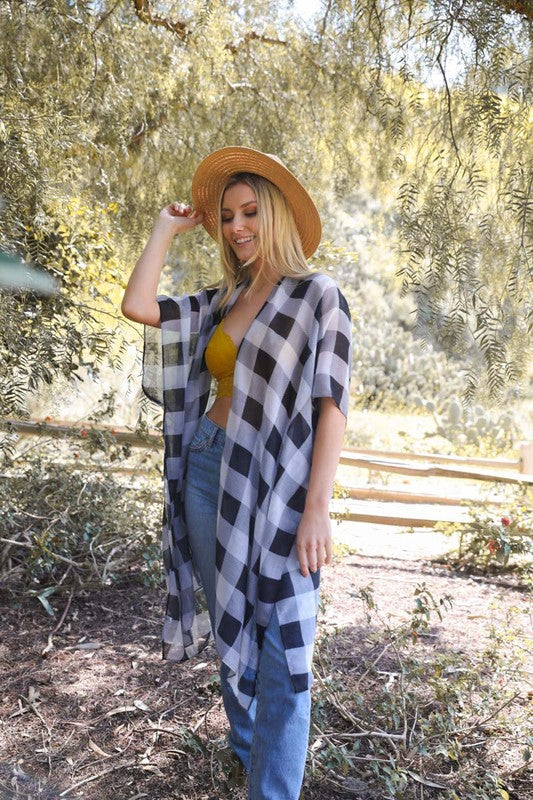 Lightweight Buffalo Check Kimono for Women Knee-Length Half Sleeve