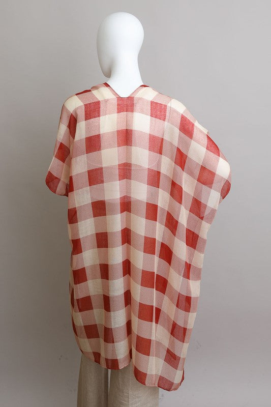 Lightweight Buffalo Check Kimono for Women Knee-Length Half Sleeve