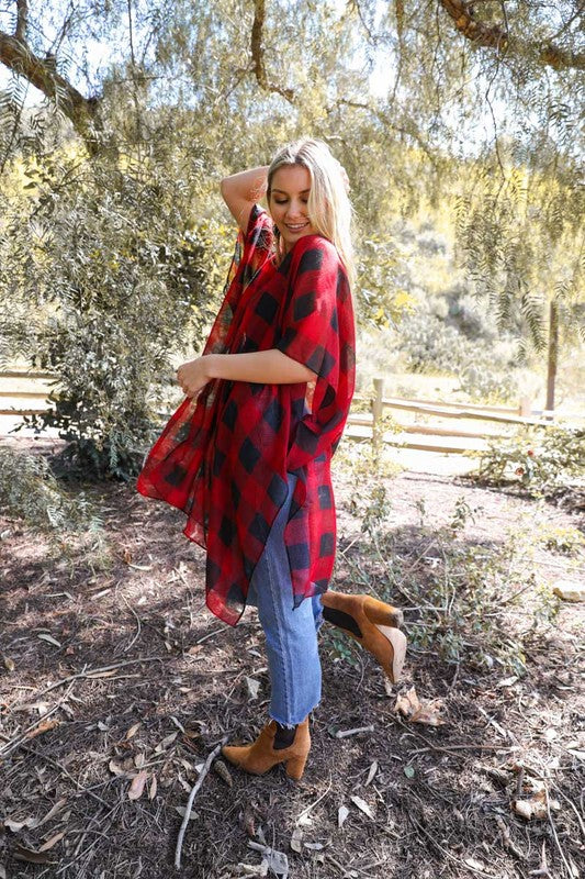 Lightweight Buffalo Check Kimono for Women Knee-Length Half Sleeve